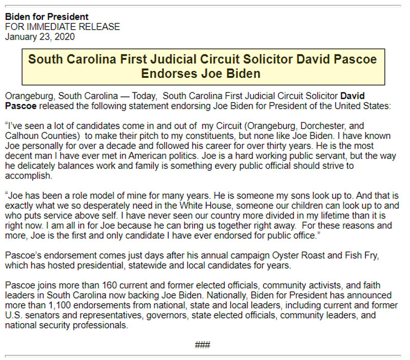 David Pascoe Endorsed Joe Biden