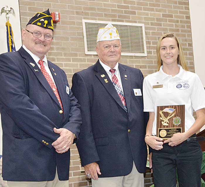 Law Cadet Chaissi Brown was presented the Female “Top Trigger” Award by American Legion Dept. of South Carolina Commander John H. Britt, as Laurens Post 25 member Russ Cantrell looks on.