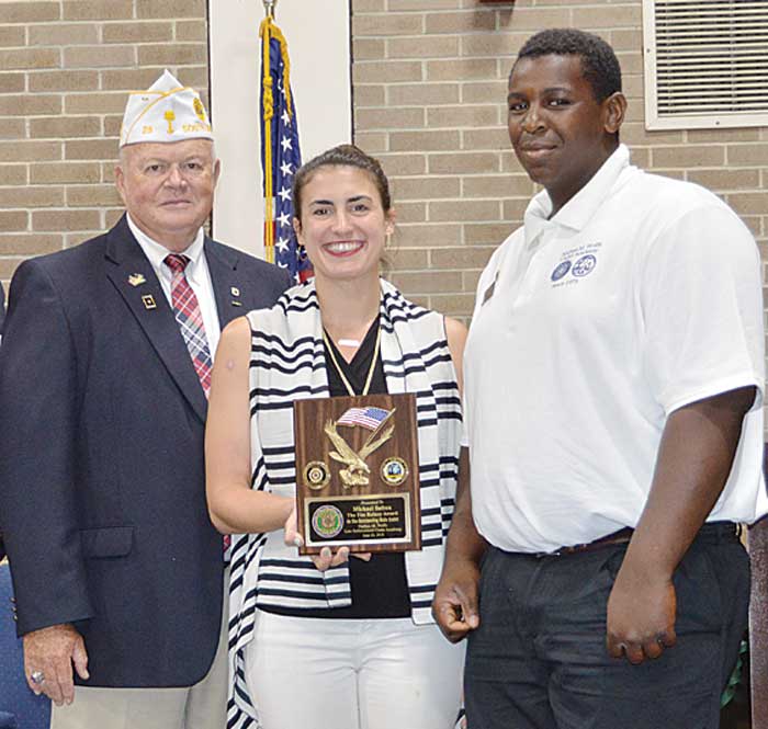 Law Cadet Michael Sulton was presented the Tim Rainey Outstanding Male Cadet Award by Ms. Kassy Alia and American Legion Dept. of South Carolina Commander John H. Britt.
