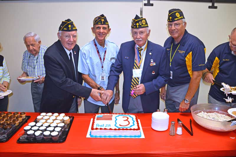 The American Legion Rudolf Anderson, Jr. Post 214 celebrated their 3rd year Anniversary during the general meeting at Lee Road Methodist Church. Cutting cake from left to right: Chaplain Jack Dorn, Adjutant Tony Dunn, Commander Clyde Rector and 2nd Vice Commander John Banning.