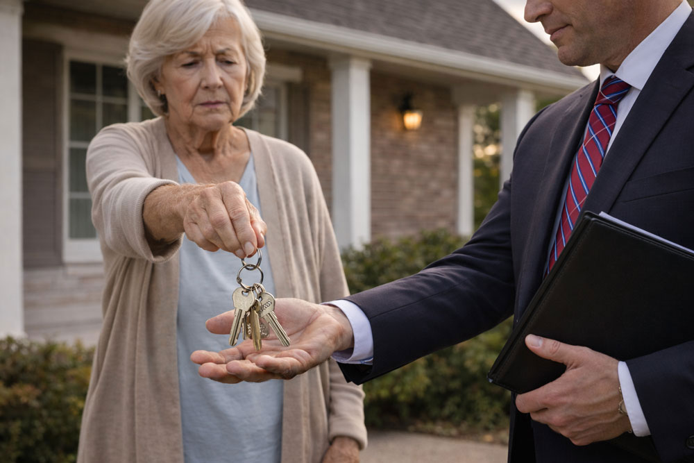 Elderly Woman Handing Over Her House Keys to Government Officials