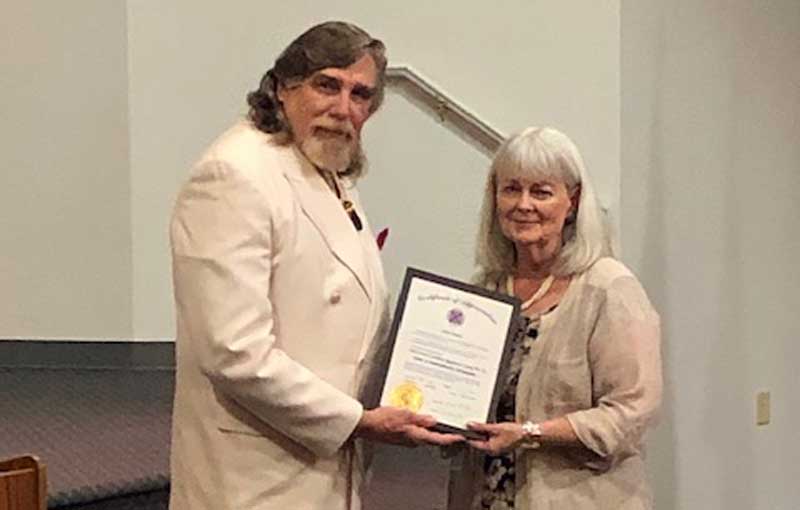 Pam Evans received the Ladies Appreciation Medal from the SCV Commander-in-Chief Paul Gramling, Jr.