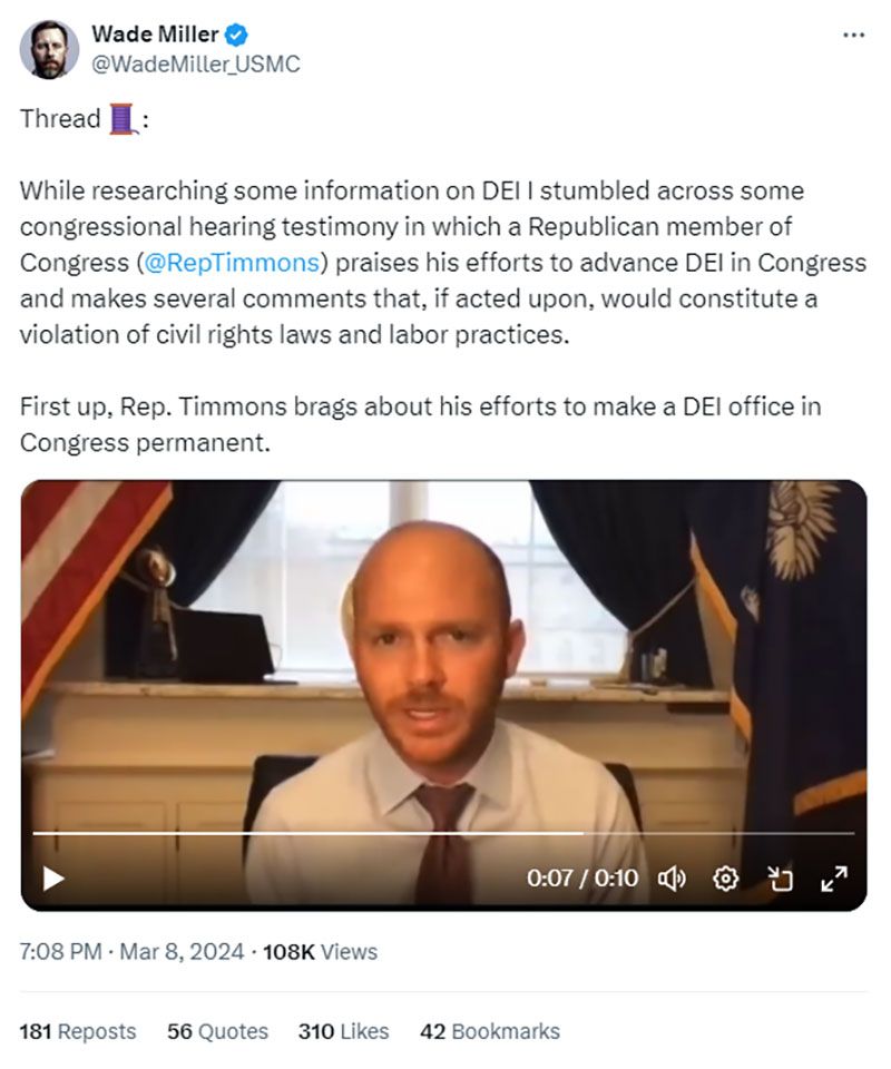 William Timmons Support for DEI clone in Congress Twitter