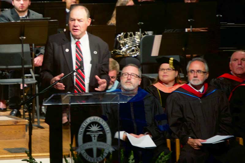 The Honorable Mike Burns, Representative for District 17 of the South Carolina House of Representatives, addressed the over 200 undergraduates, graduates, doctoral candidates, and first PA Medicine graduates at fall commencement on Saturday, December 8, 2018.