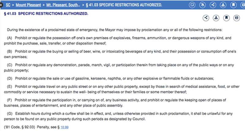 SC Mt. Pleasant Restrictions Authorized