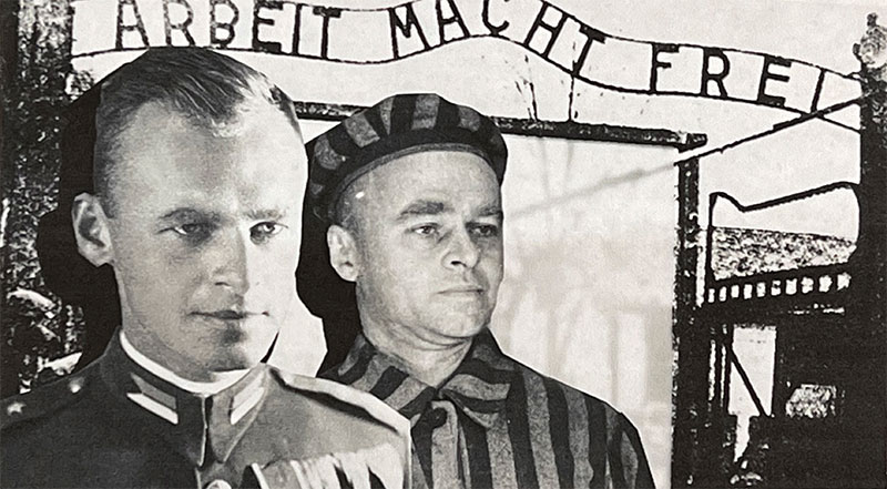 Witold Pilecki (1900-1948). Pictured in his Polish Army uniform, and also in his prisoner's uniform in front of the infamous Ausch Witz Concentration Camp in Polan where he had voluntarily let himself be imprisoned from 1940-1943. The sign over the front entrance of Aushc Witz reads in German: 