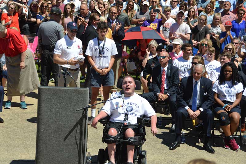 On a warm Friday morning, Barrett Counterman, Palmetto Boys State newly elected Governor speaks to members of Boys and Girls State assembled on South Carolina's State Capital steps.