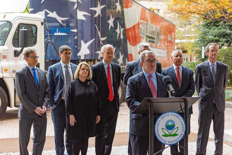 Acting EPA Administrator Andrew Wheeler announced the Cleaner Trucks Initiative today alongside (from left to right): Ben Gumbles of the Maryland Department of the Environment; Josh Nassar of the International Union, United Automobile, Aerospace and Agricultural Implement Workers of America; Becky Keogh of the Environmental Council of States; Lewie Pugh of the Owner-Operator Independent Drivers Association; Jed Mandel of the Truck & Engine Manufacturers Association; EPA Assistant Administrator for the Office of Air and Radiation Bill Wehrum. 