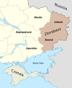 Photo/map from Wikipedia. Donbass region of eastern Ukraine 