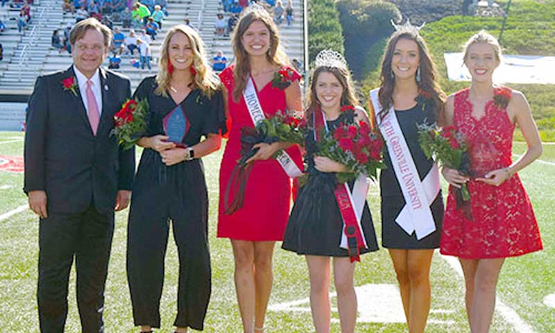 L to R: NGU President Dr. Gene C. Fant, Jr.; Courtney Williamson, first runner-up; 2017 Homecoming Queen Eden Crain; 2018 Homecoming Queen Allison Yeater; Miss NGU 2018 Hannah Pearson,  and Gabriella Porter, second runner-up were announced at halftime of the Crusader’s homecoming game against Shorter University. 
