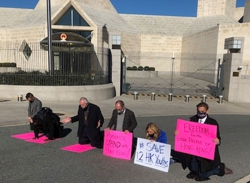 Rev. Mahoney and other activists peacefully blocking the entrance to the Chinese Embassy in Washington, D.C. last week as they called for freedom in Hong Kong