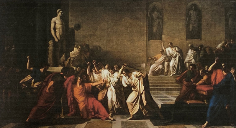 The assassination of Julius Caesar in the Roman Senate, March 15, 44 B.C., as depicted by Italian Painter, Vincenzo Camuccini (1771-1844). Painted in 1798.