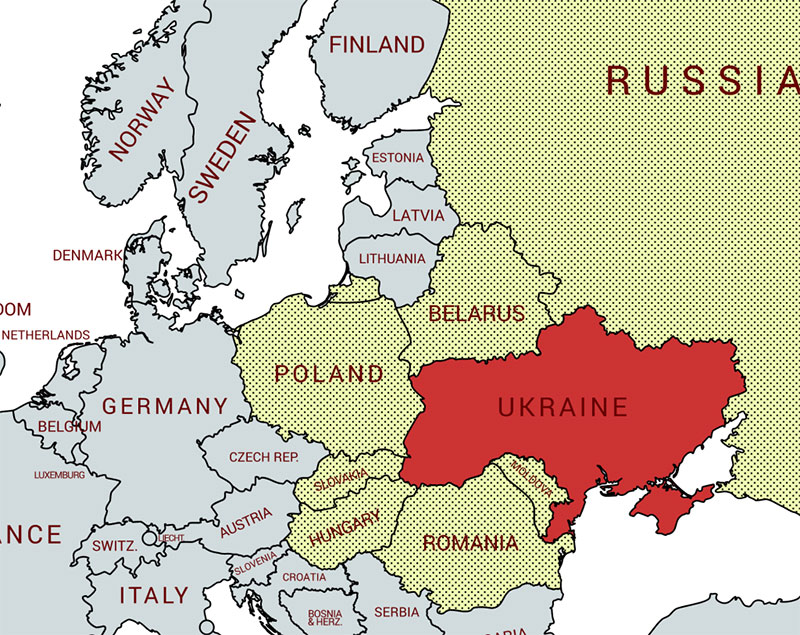 A pre-2014 map of Ukraine showing Crimea as Ukrainian. Note all the Eastern European countries it borders. Lithuania must also be nervous because of border to Russia-friendly Belarus. Crimean population is 2/3 Russian and only 15 percent Ukrainian.