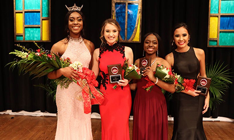 L to R; Miss NGU 2020 Kasie Thomas, first runner-up Brooke Biondo, second runner-up Hope Scott, and third runner-up Kimberly Ensley participated in the Miss NGU scholarship competition on Friday, Jan. 17.