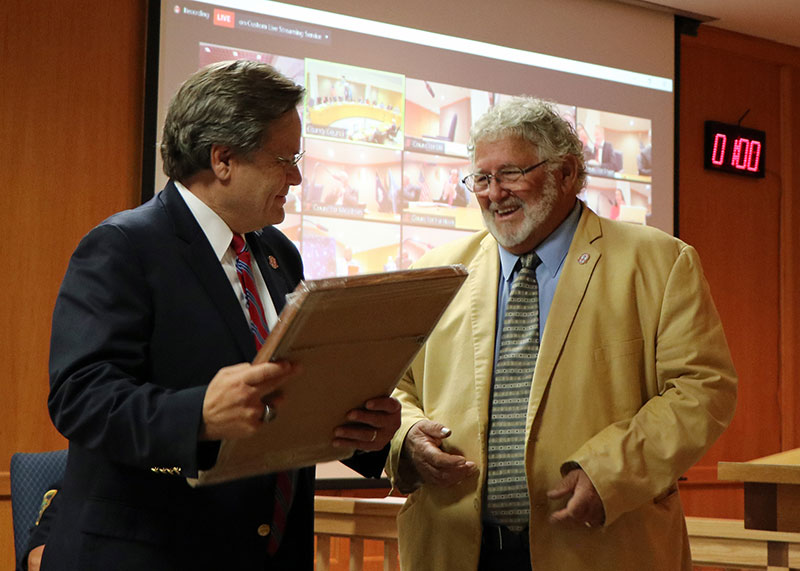 NGU President Dr. Gene C. Fant, Jr., (left) receives a framed proclamation from Greenville County Councilman Joe Dill on September 6. Recognizing Dr. Fant’s five years as the university’s president, the Greenville County Council proclaimed September 6, 2022, as Gene C. Fant, Jr., Day.