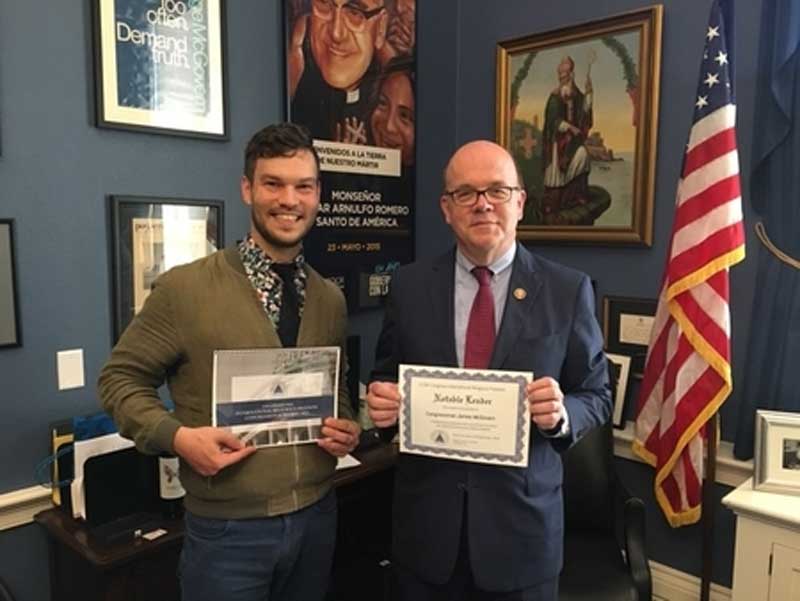Nathan Wineinger from 21Wilberforce with Congressman Jim McGovern (D-MA) who earned the top score in the House of Representatives on the IRF Congressional Scorecard. Nathan Wineinger from 21Wilberforce with Congressman Jim McGovern (D-MA) who earned the top score in the House of Representatives on the IRF Congressional Scorecard.