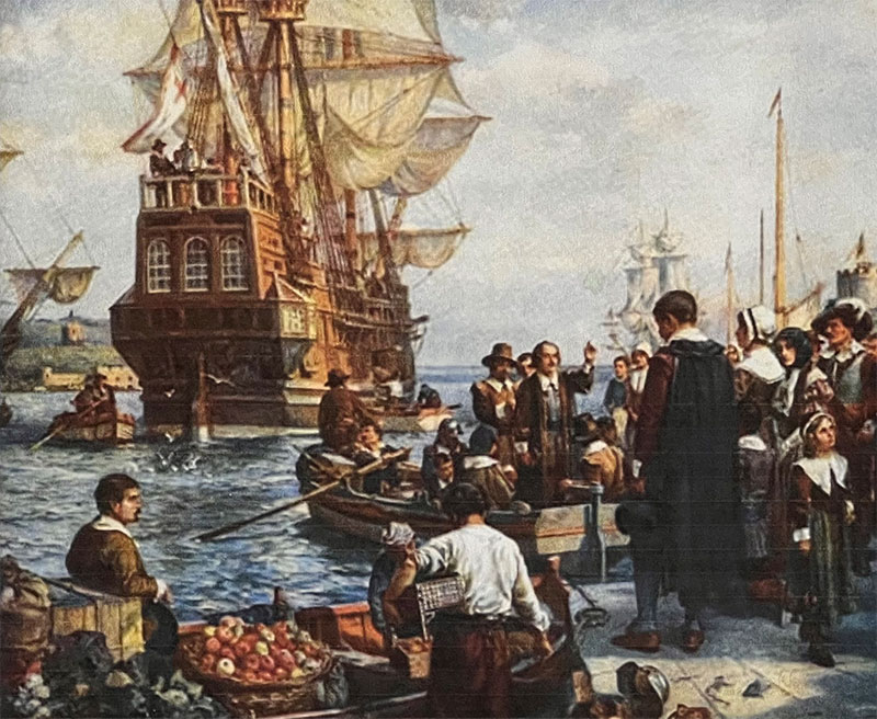 The Pilgrims boarding the Mayflower for their voyage to the new world. (by artist Bernard Gribble). Plymouth, England, September 1620.