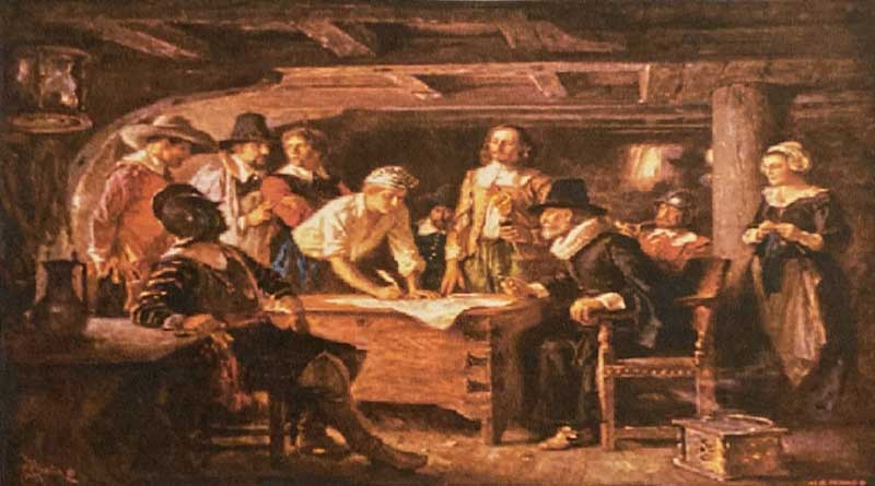 Signing the Mayflower Compact, Nov. 11, 1620, whie achored off the tip of Cape Cod, of what is now Provincetown Harbor, Mass.