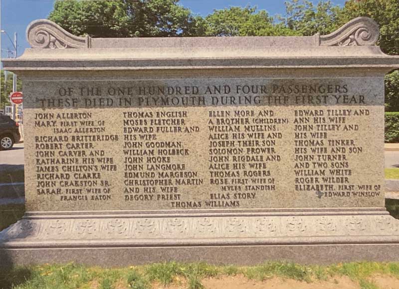 The Ossuary on Cole's Hill, Plymouth, Massachusetts. The names of all the pilgrims who died in the harsh winter and spring of 1620/21 are memorialized on its side.