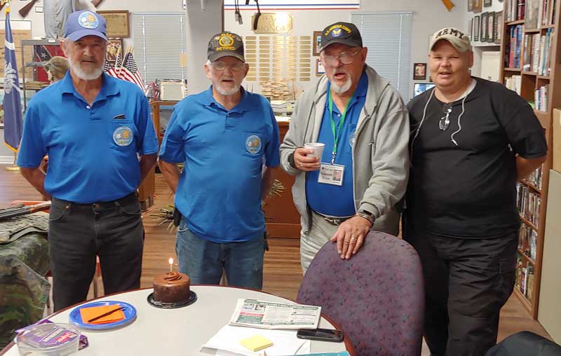 A few members of American Legion Major Rudolf Anderson, Jr. Post 214 in Taylors, S.C. surprise veteran Ron Gentry with a Happy Birthday Cake.  Left to Right: Ron Gentry, Bobby Prater, Ken Hemm and Stuart McClure.