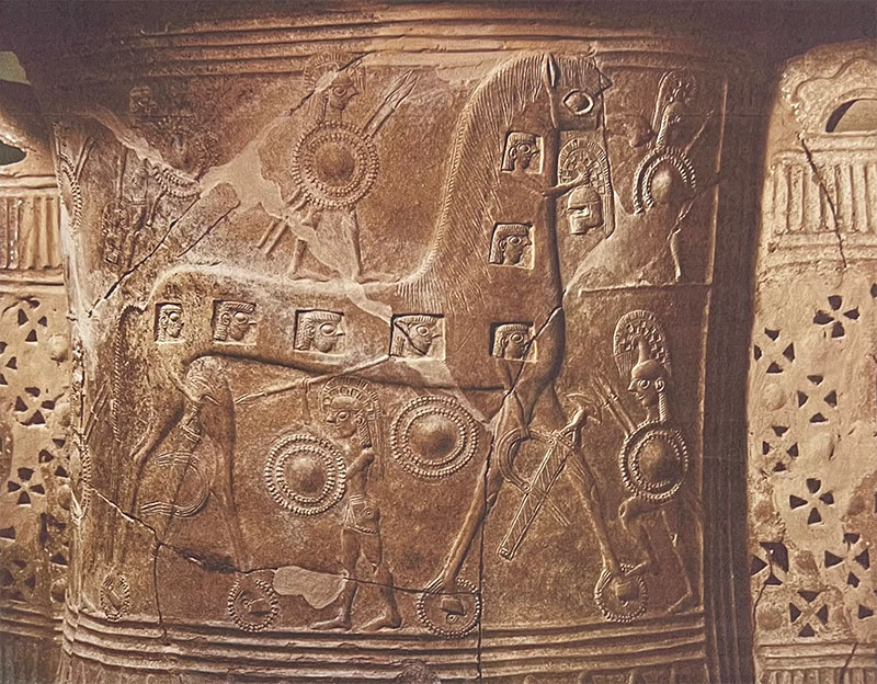 The Mykonos Vase (c. 750 to 650 B.C.) depicts one of the earliest renditions of the Trojan Horse tale from the Trojan Horse War (c.1260-1180 B.C.). Today, the term 